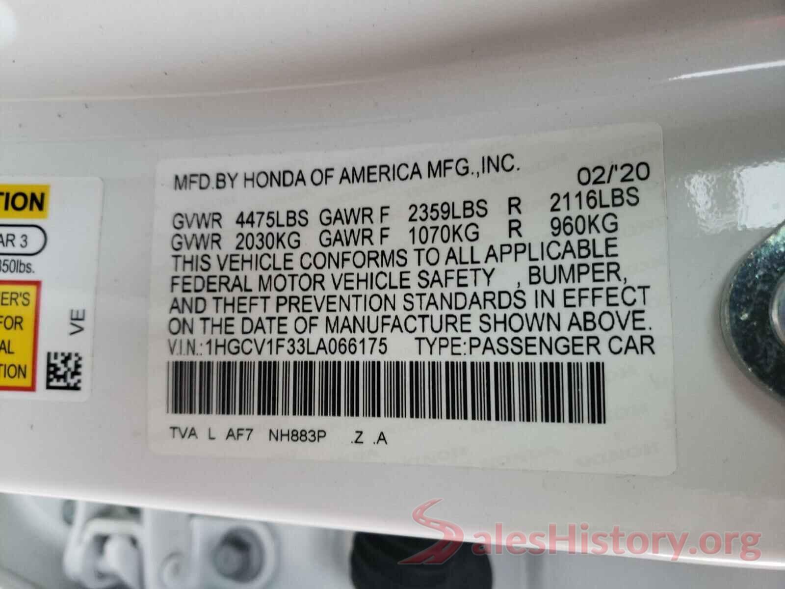 1HGCV1F33LA066175 2020 HONDA ACCORD