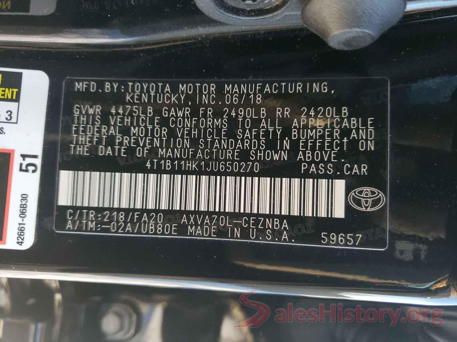 4T1B11HK1JU650270 2018 TOYOTA CAMRY