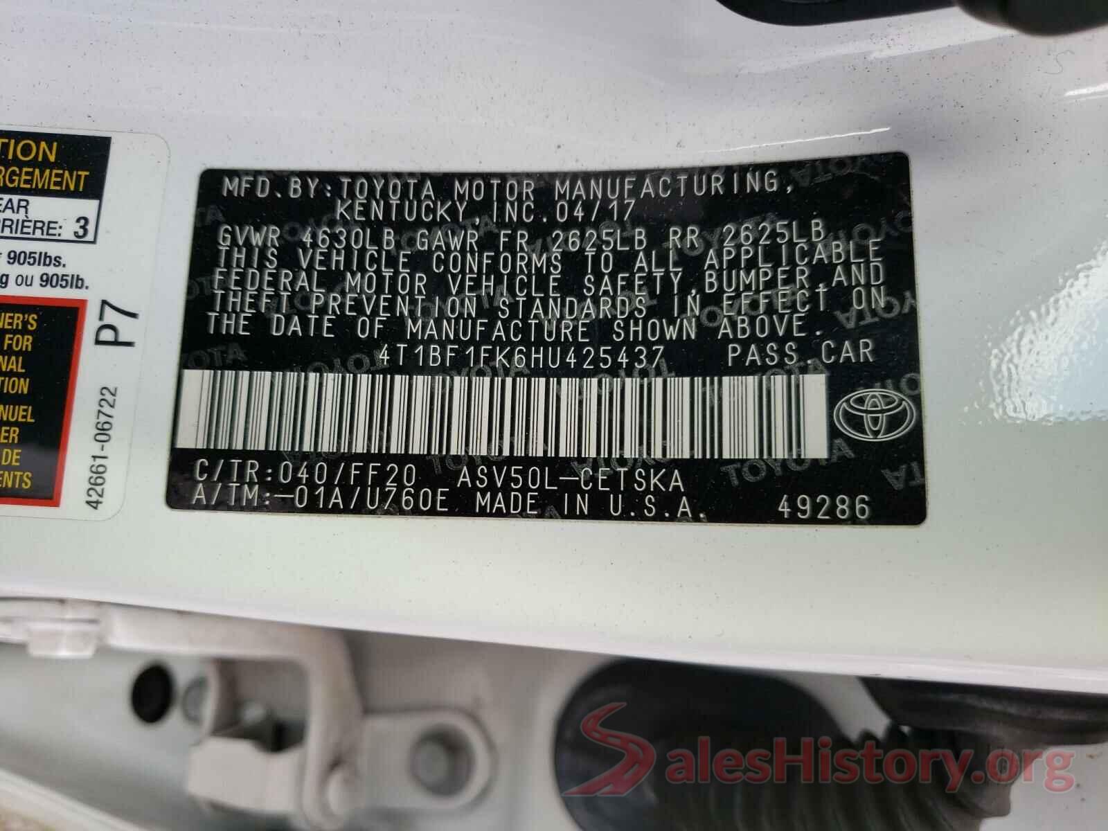 4T1BF1FK6HU425437 2017 TOYOTA CAMRY