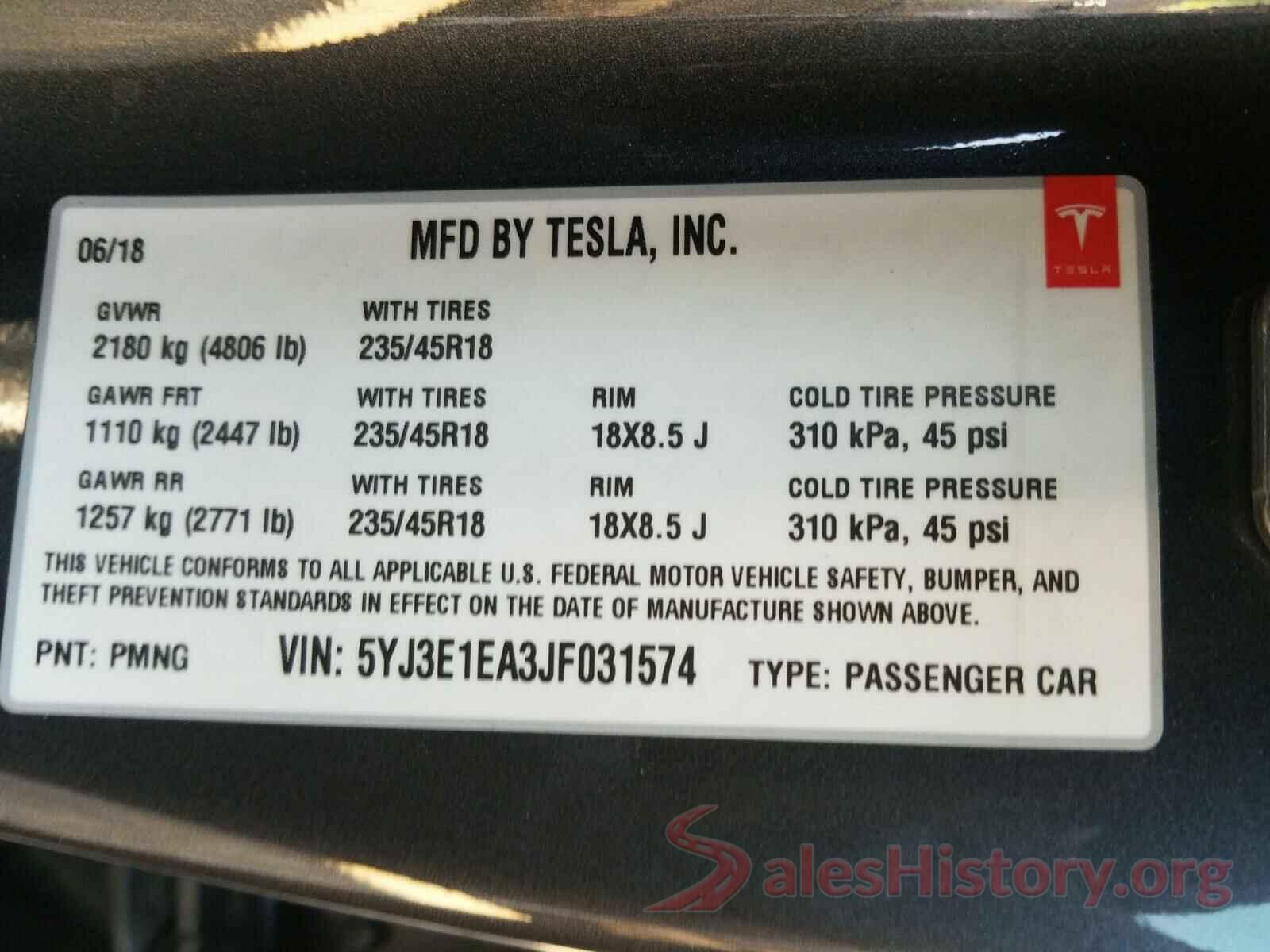 5YJ3E1EA3JF031574 2018 TESLA MODEL 3