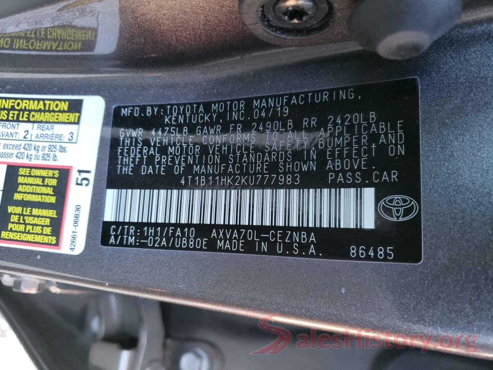 4T1B11HK2KU777983 2019 TOYOTA CAMRY