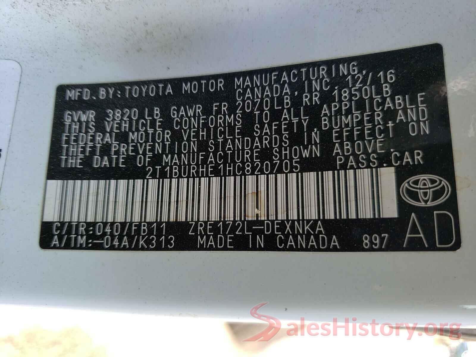 2T1BURHE1HC820705 2017 TOYOTA COROLLA