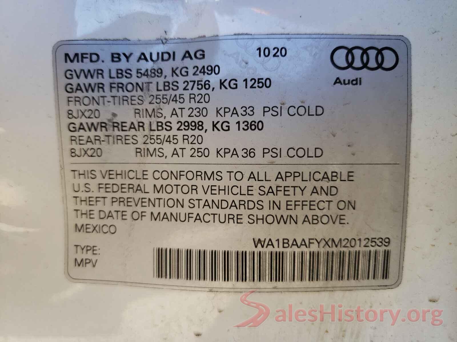 WA1BAAFYXM2012539 2021 AUDI Q5