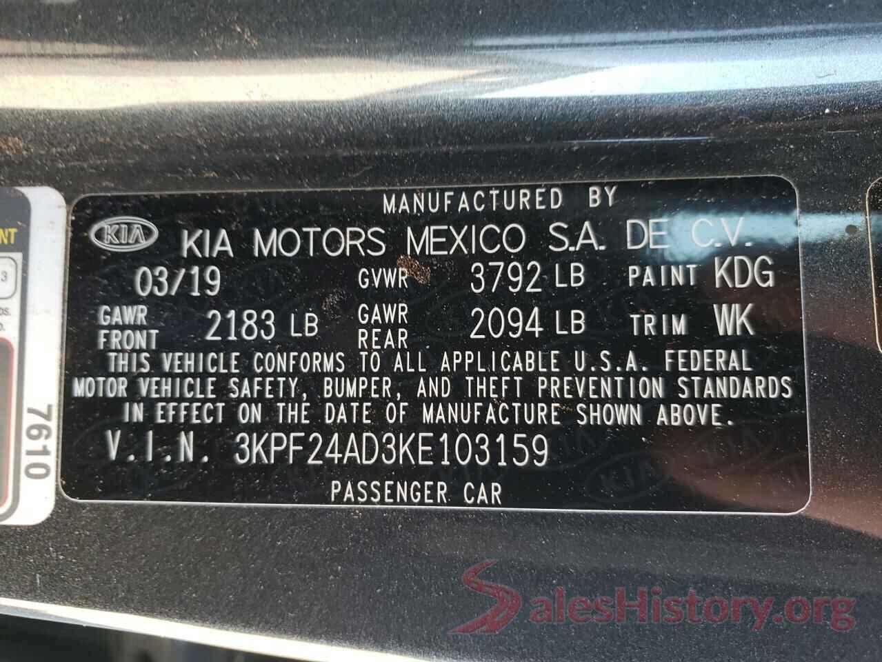 3KPF24AD3KE103159 2019 KIA FORTE