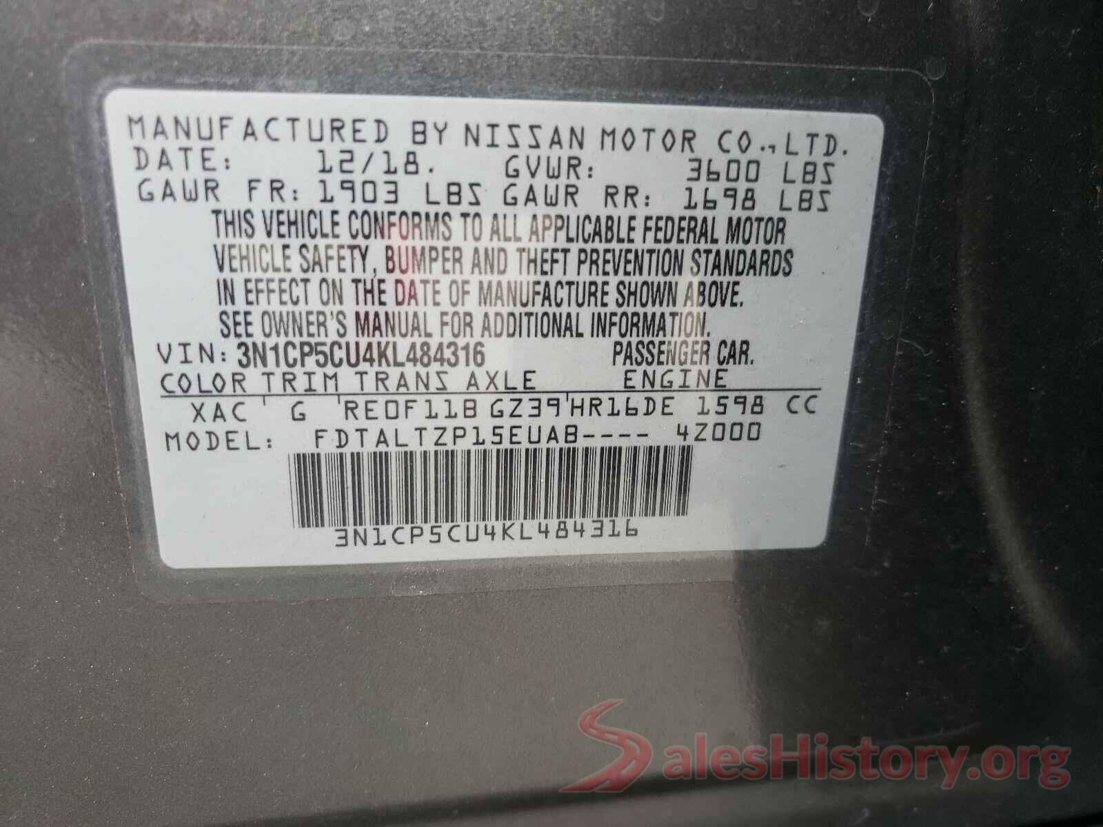 3N1CP5CU4KL484316 2019 NISSAN KICKS