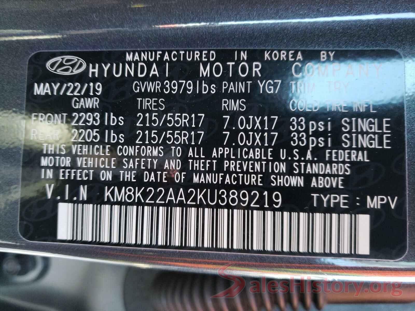 KM8K22AA2KU389219 2019 HYUNDAI KONA