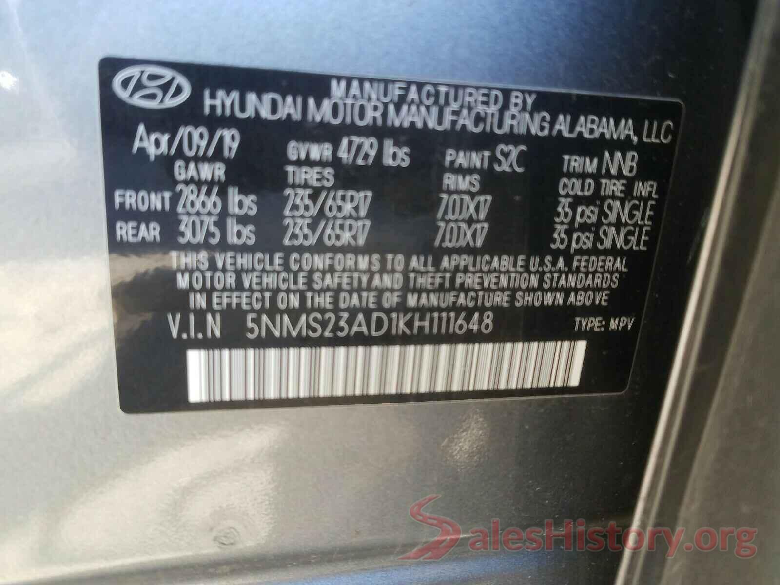 5NMS23AD1KH111648 2019 HYUNDAI SANTA FE