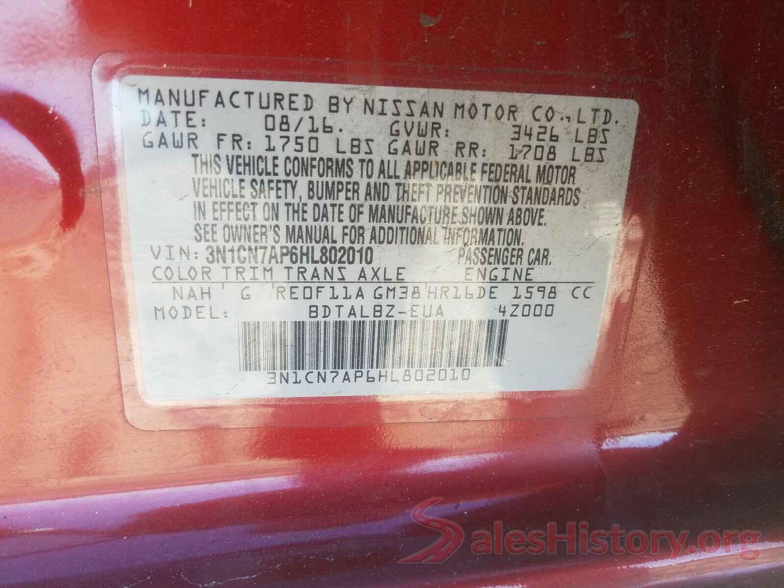 3N1CN7AP6HL802010 2017 NISSAN VERSA