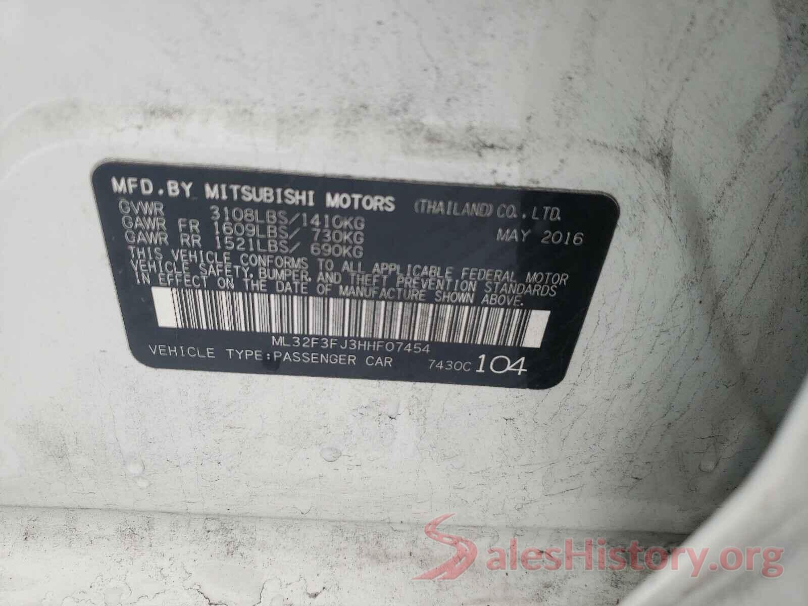 ML32F3FJ3HHF07454 2017 MITSUBISHI MIRAGE