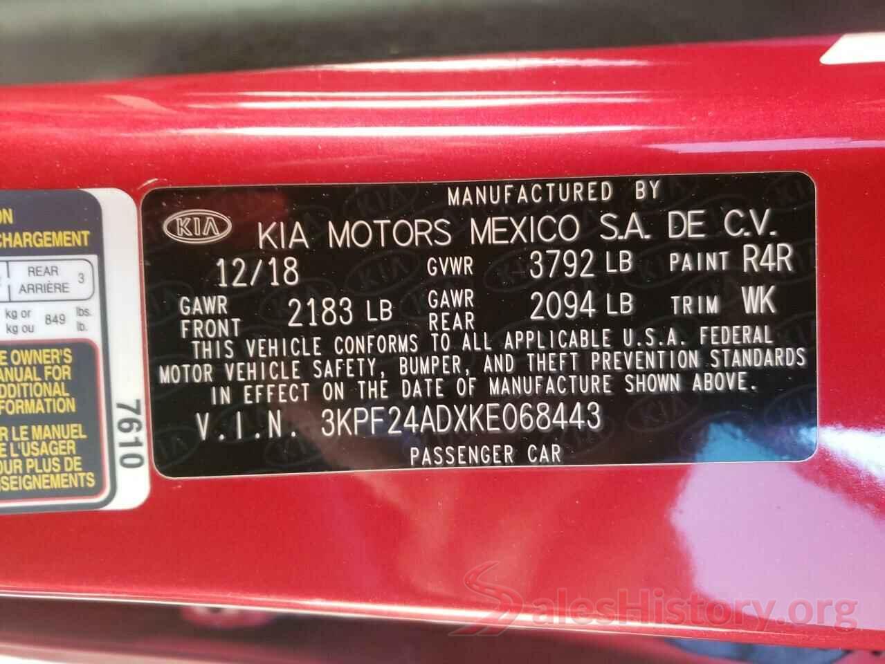 3KPF24ADXKE068443 2019 KIA FORTE