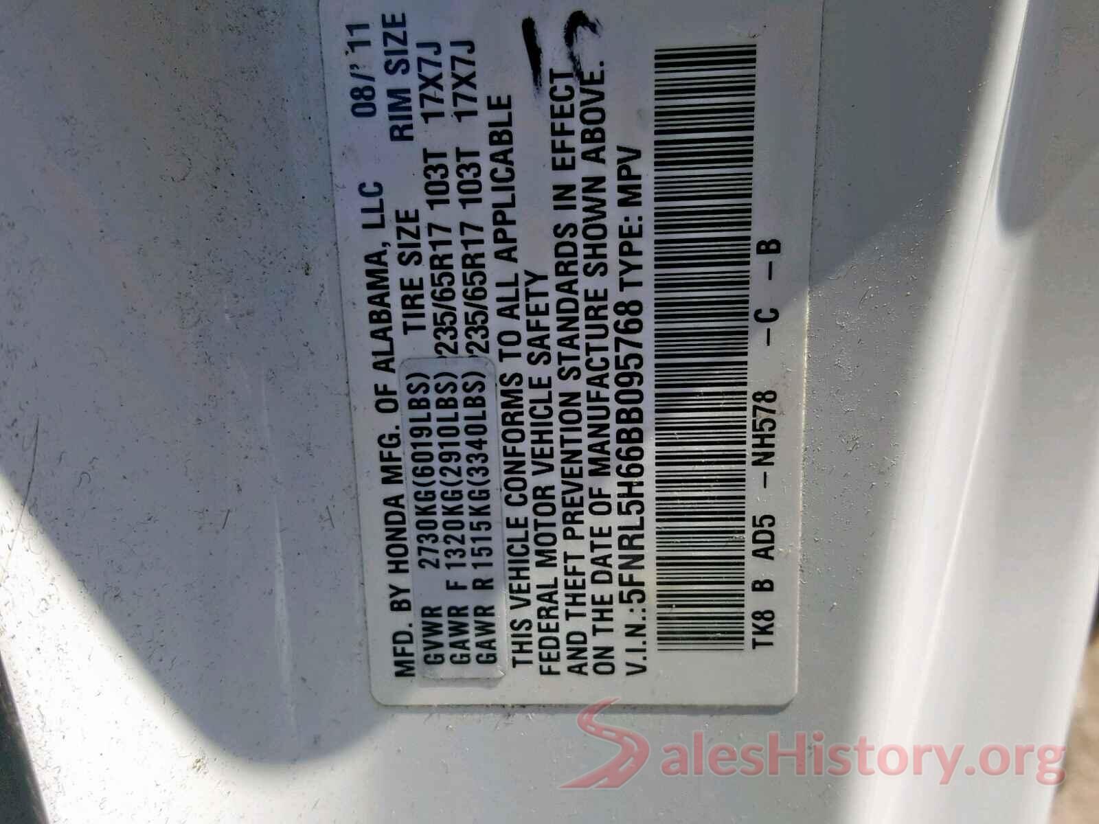 5FNRL5H66BB095768 2011 HONDA ODYSSEY EX