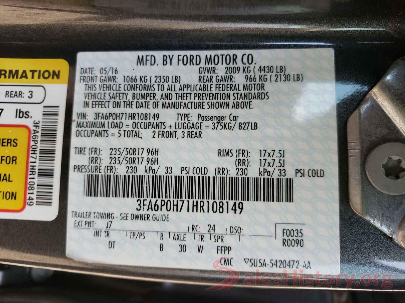 3FA6P0H71HR108149 2017 FORD FUSION