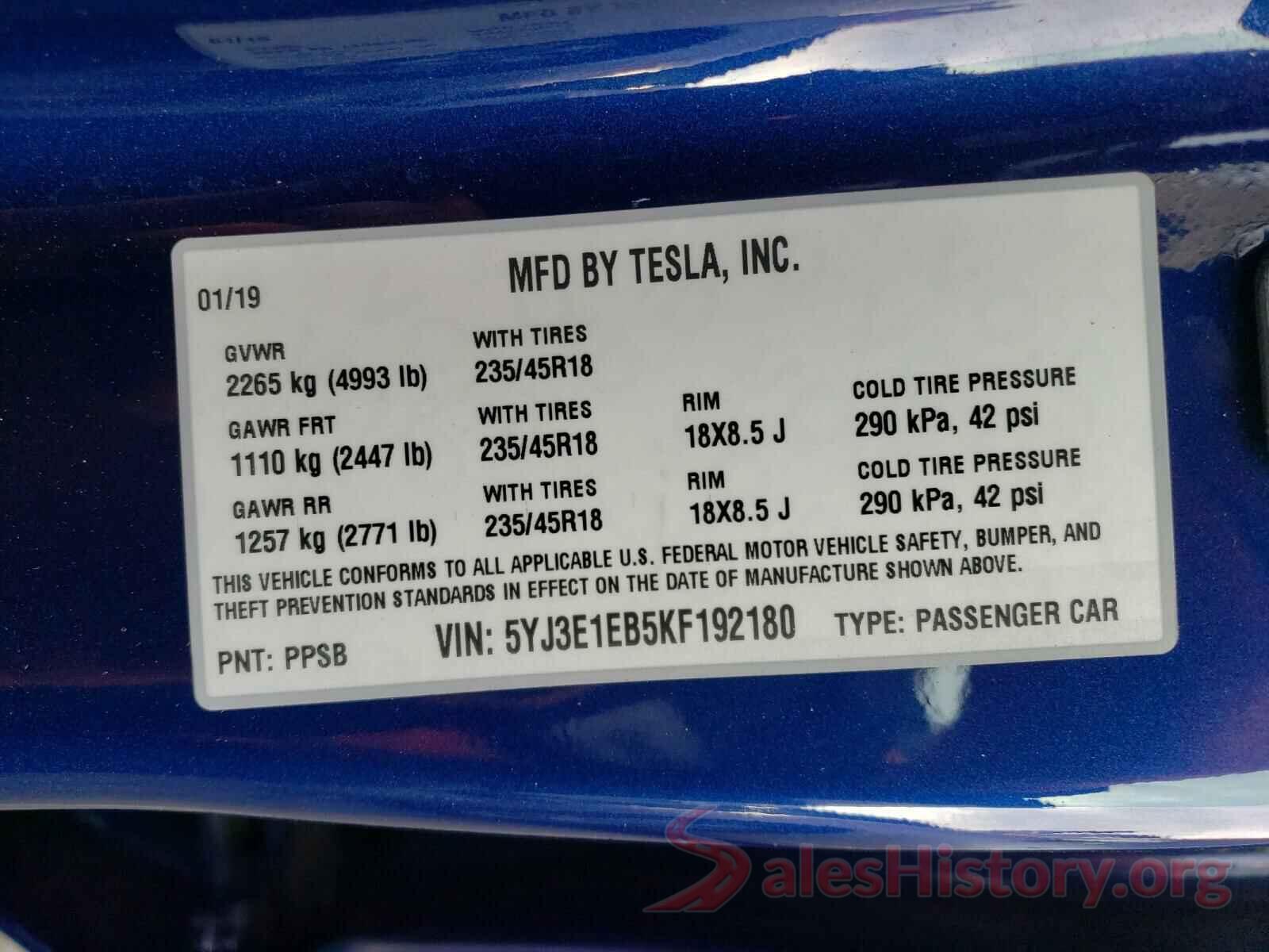 5YJ3E1EB5KF192180 2019 TESLA MODEL 3