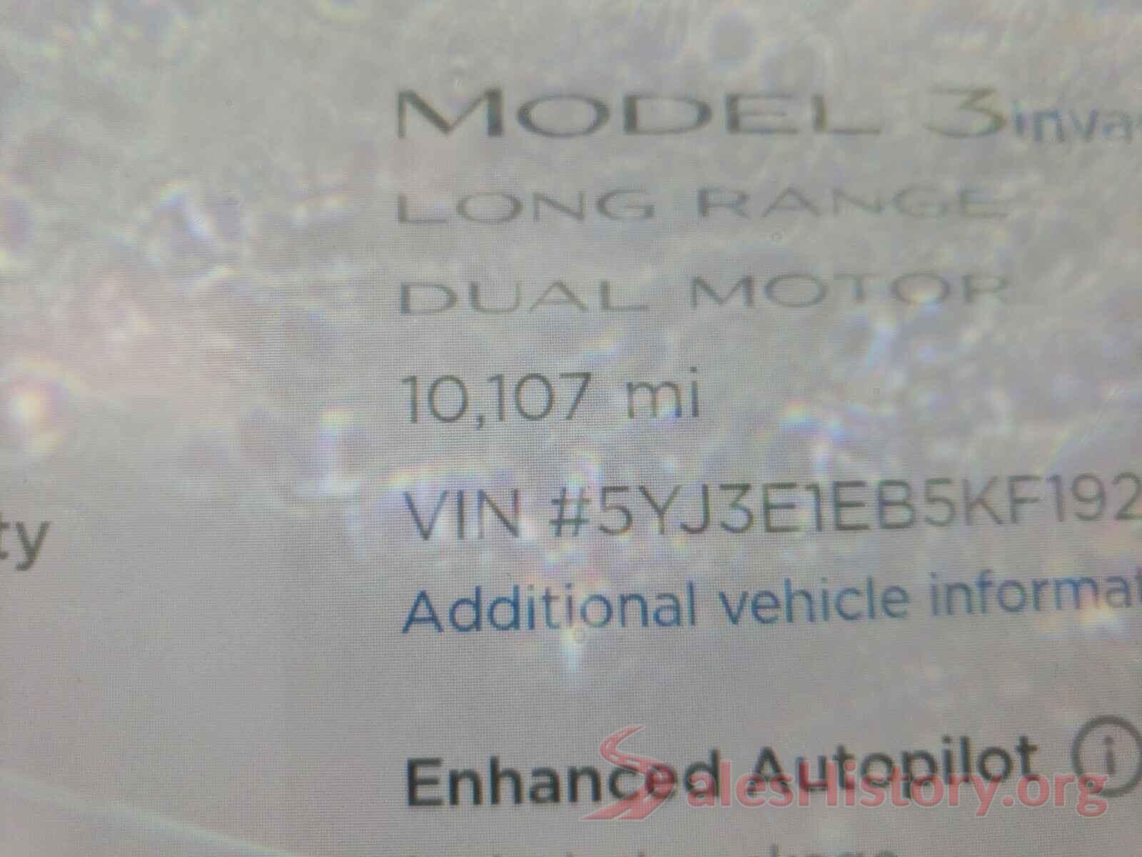 5YJ3E1EB5KF192180 2019 TESLA MODEL 3