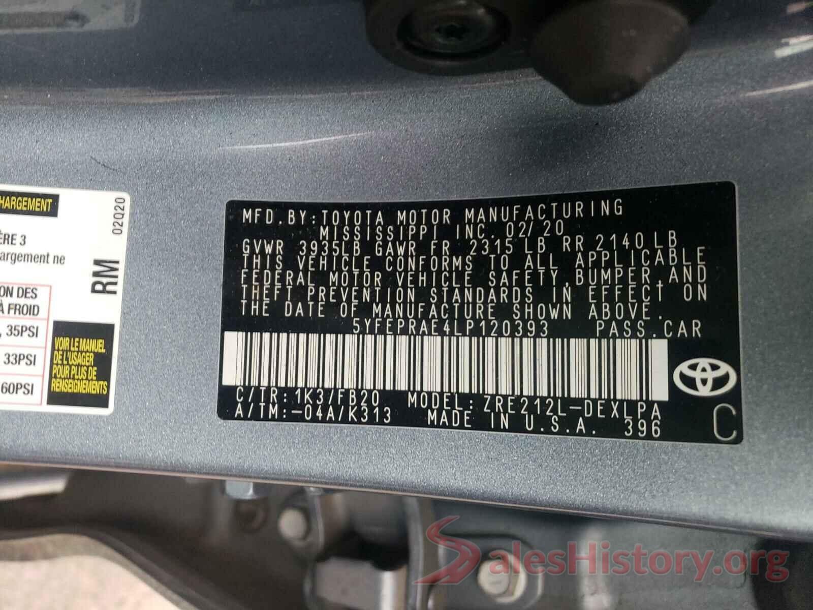 5YFEPRAE4LP120393 2020 TOYOTA COROLLA