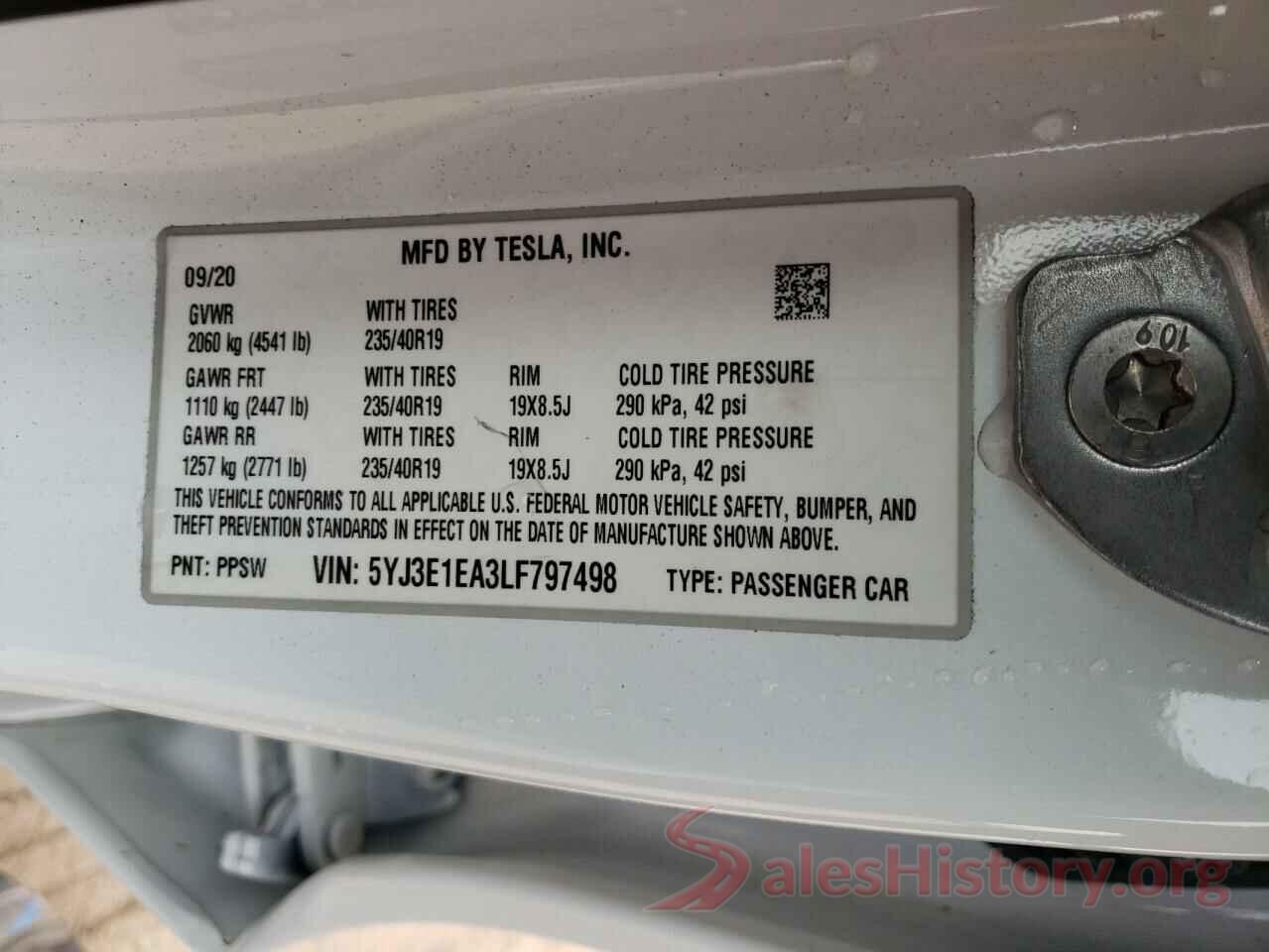 5YJ3E1EA3LF797498 2020 TESLA MODEL 3