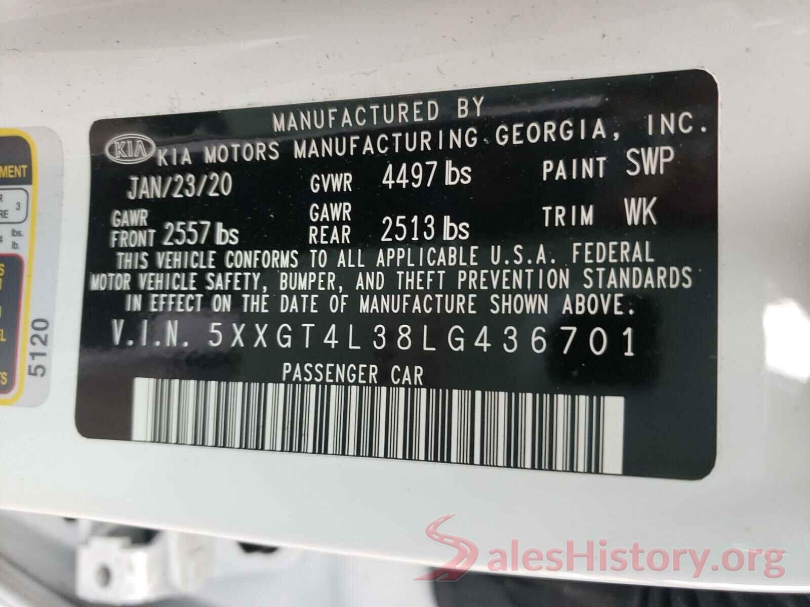 5XXGT4L38LG436701 2020 KIA OPTIMA