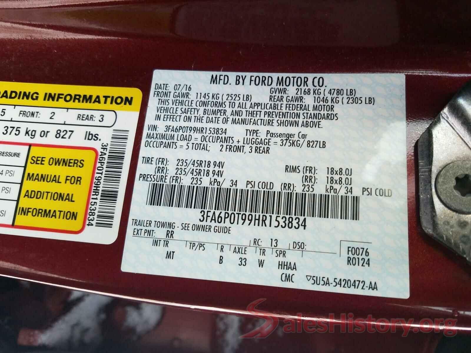 3FA6P0T99HR153834 2017 FORD FUSION