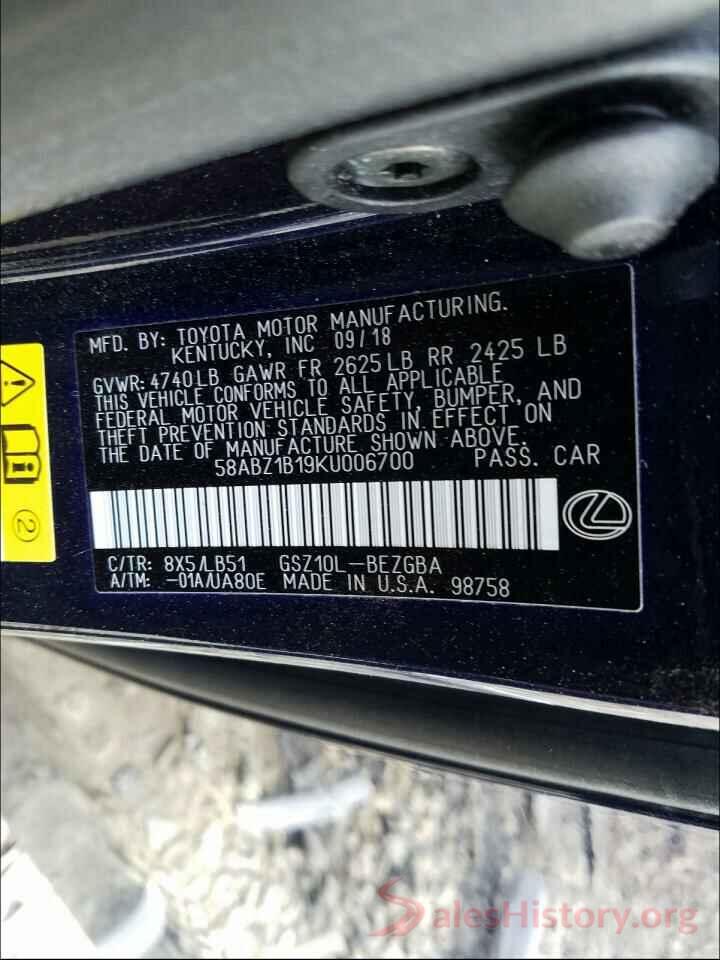 58ABZ1B19KU006700 2019 LEXUS ES350