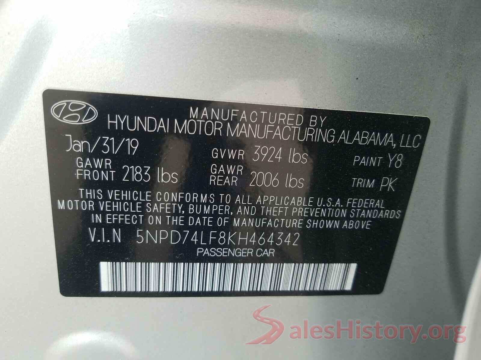 5NPD74LF8KH464342 2019 HYUNDAI ELANTRA