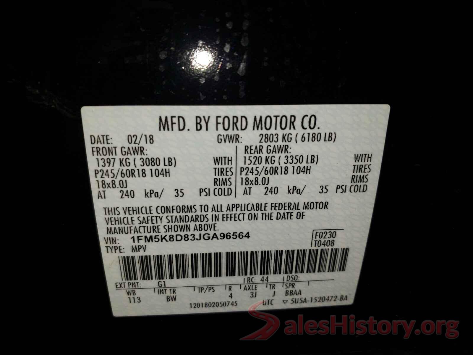 1FM5K8D83JGA96564 2018 FORD EXPLORER