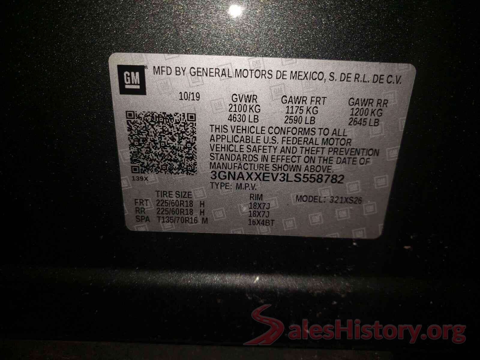 3GNAXXEV3LS558782 2020 CHEVROLET EQUINOX