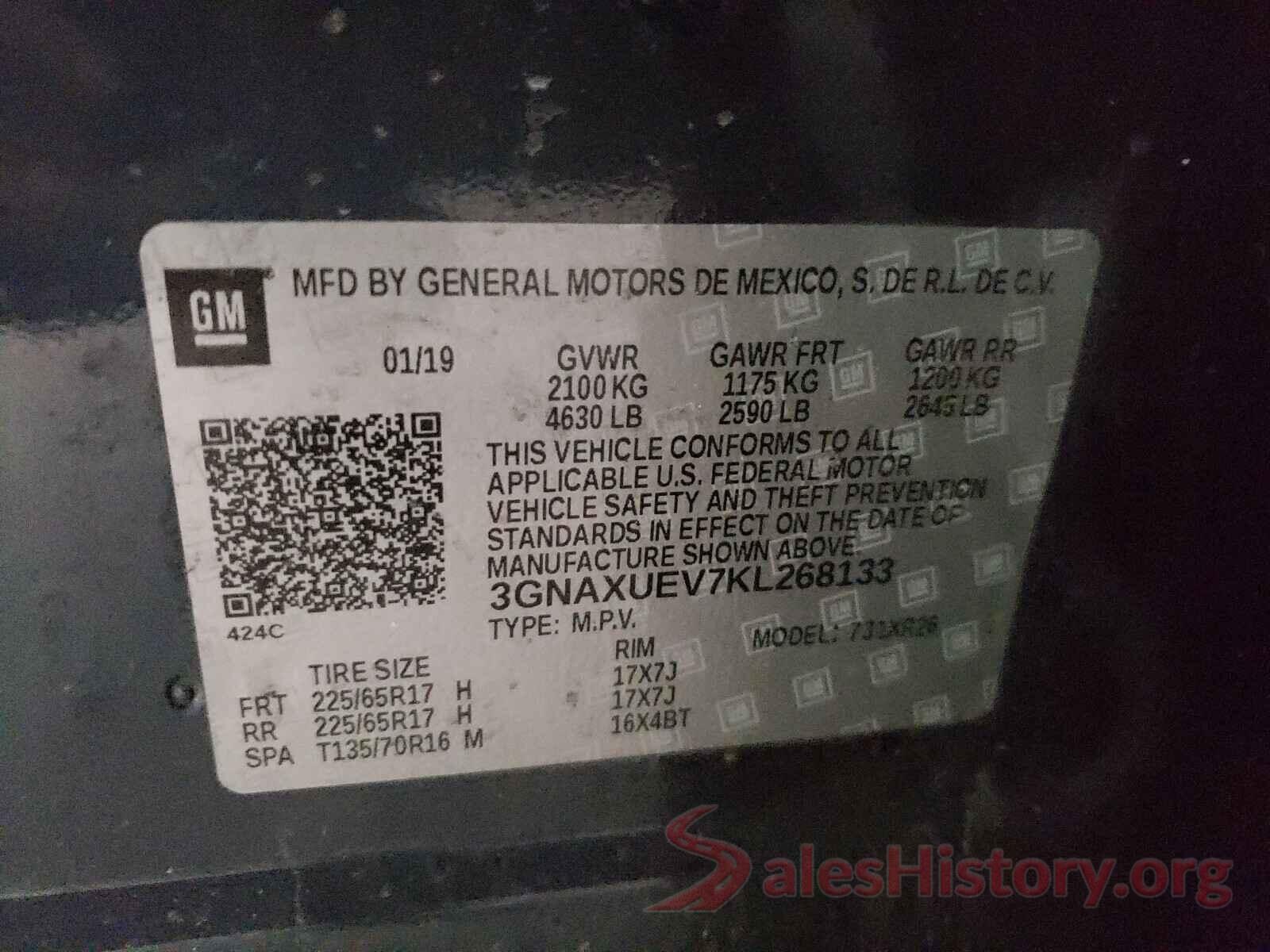 3GNAXUEV7KL268133 2019 CHEVROLET EQUINOX