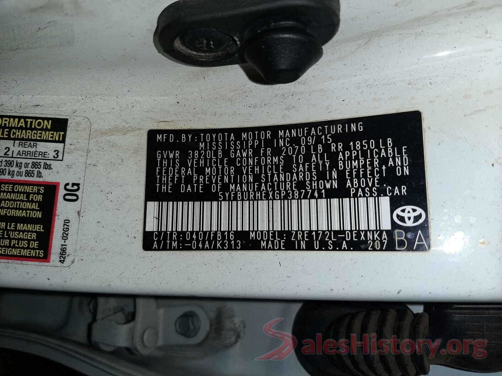 5YFBURHEXGP387741 2016 TOYOTA COROLLA