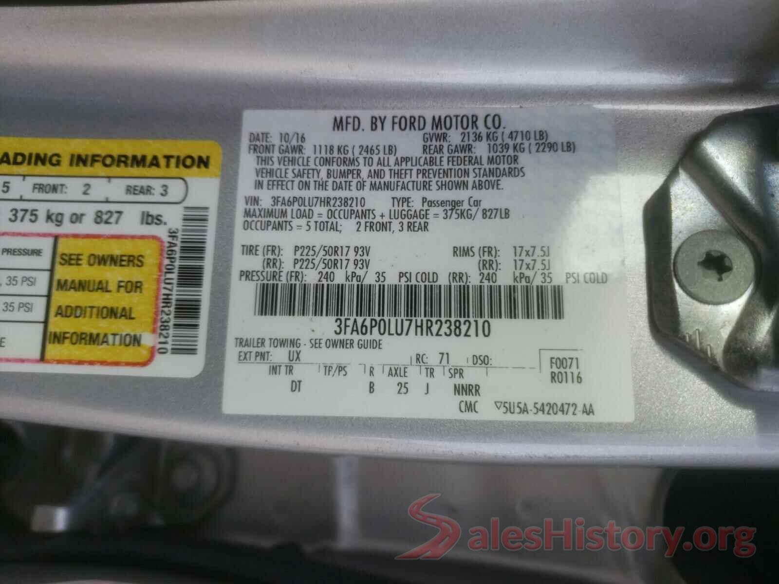 3FA6P0LU7HR238210 2017 FORD FUSION