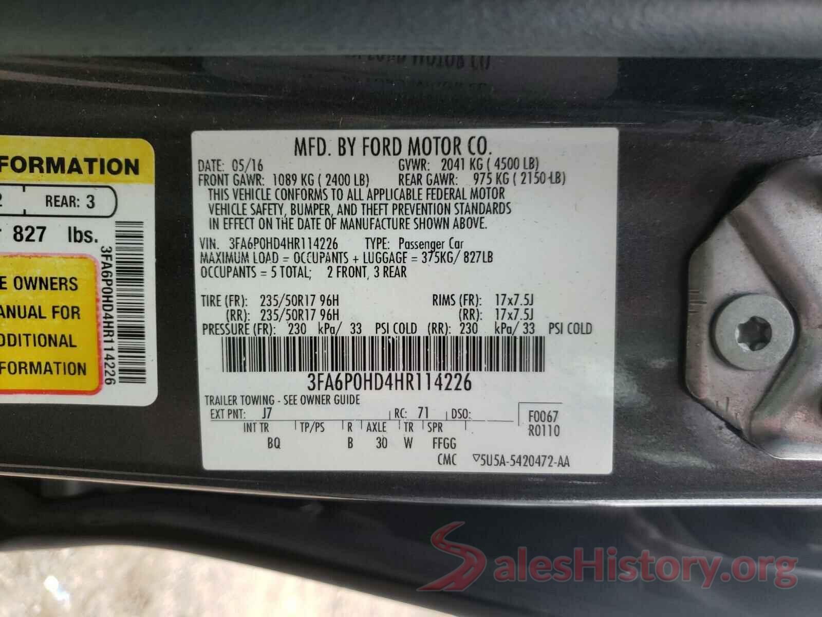 3FA6P0HD4HR114226 2017 FORD FUSION