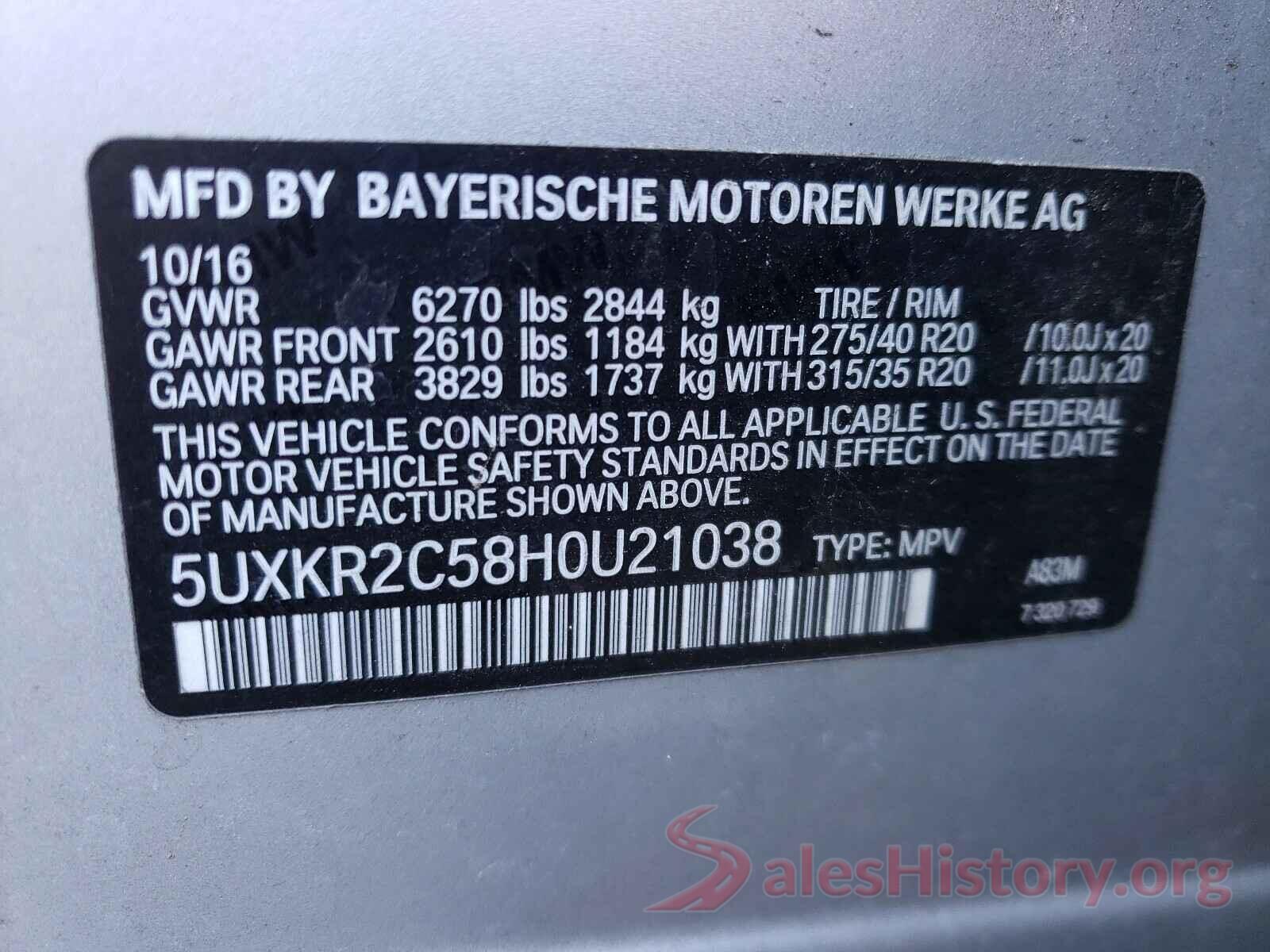 5UXKR2C58H0U21038 2017 BMW X5