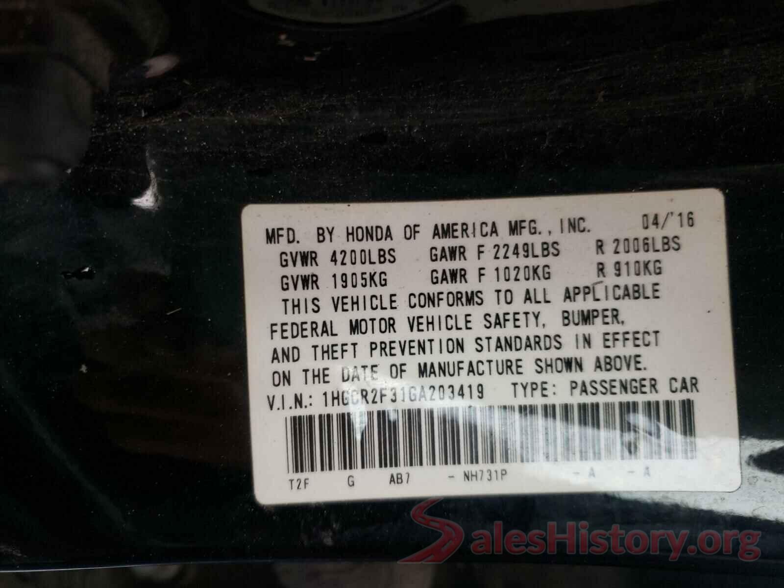 1HGCR2F31GA203419 2016 HONDA ACCORD