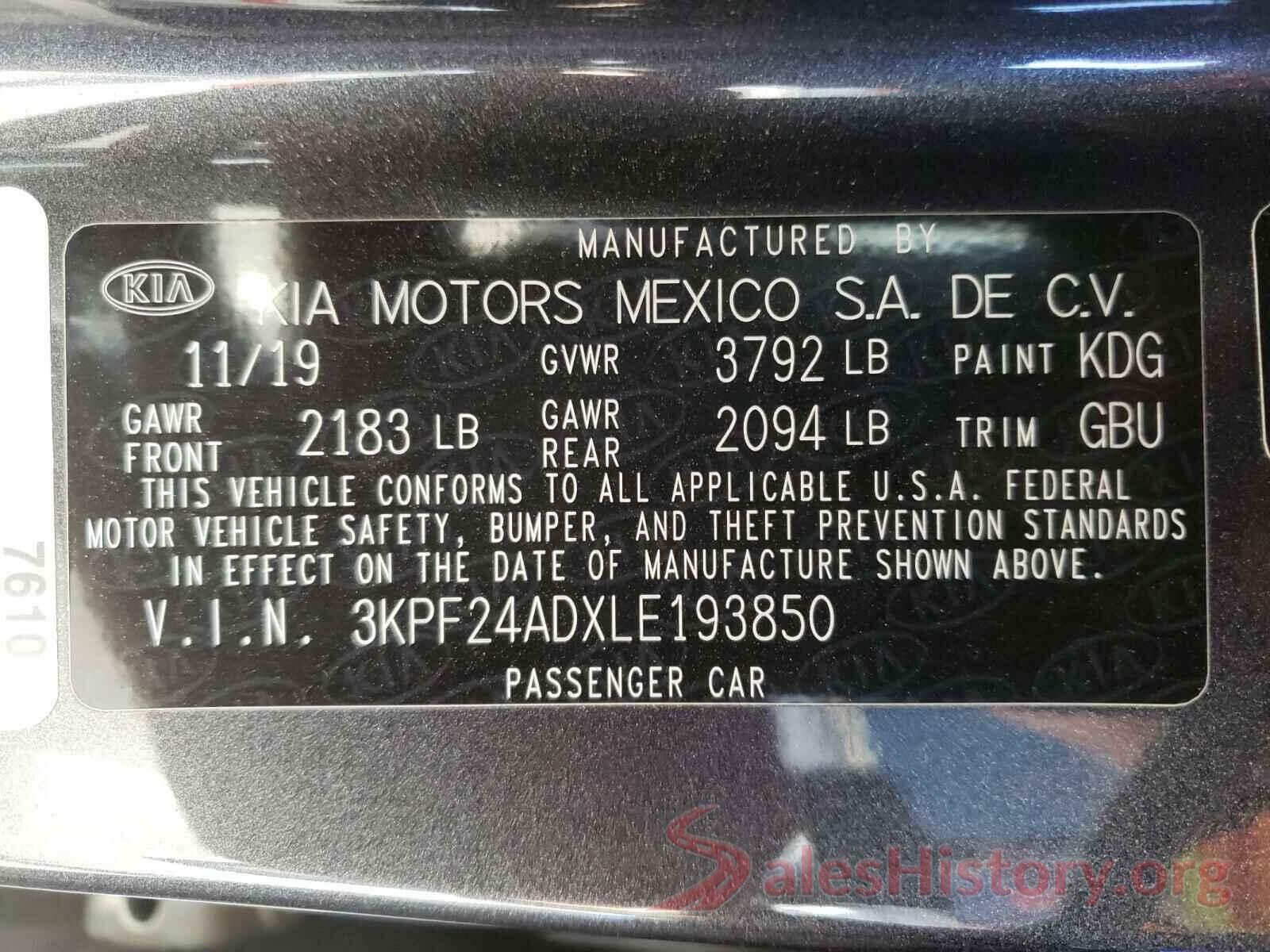 3KPF24ADXLE193850 2020 KIA FORTE