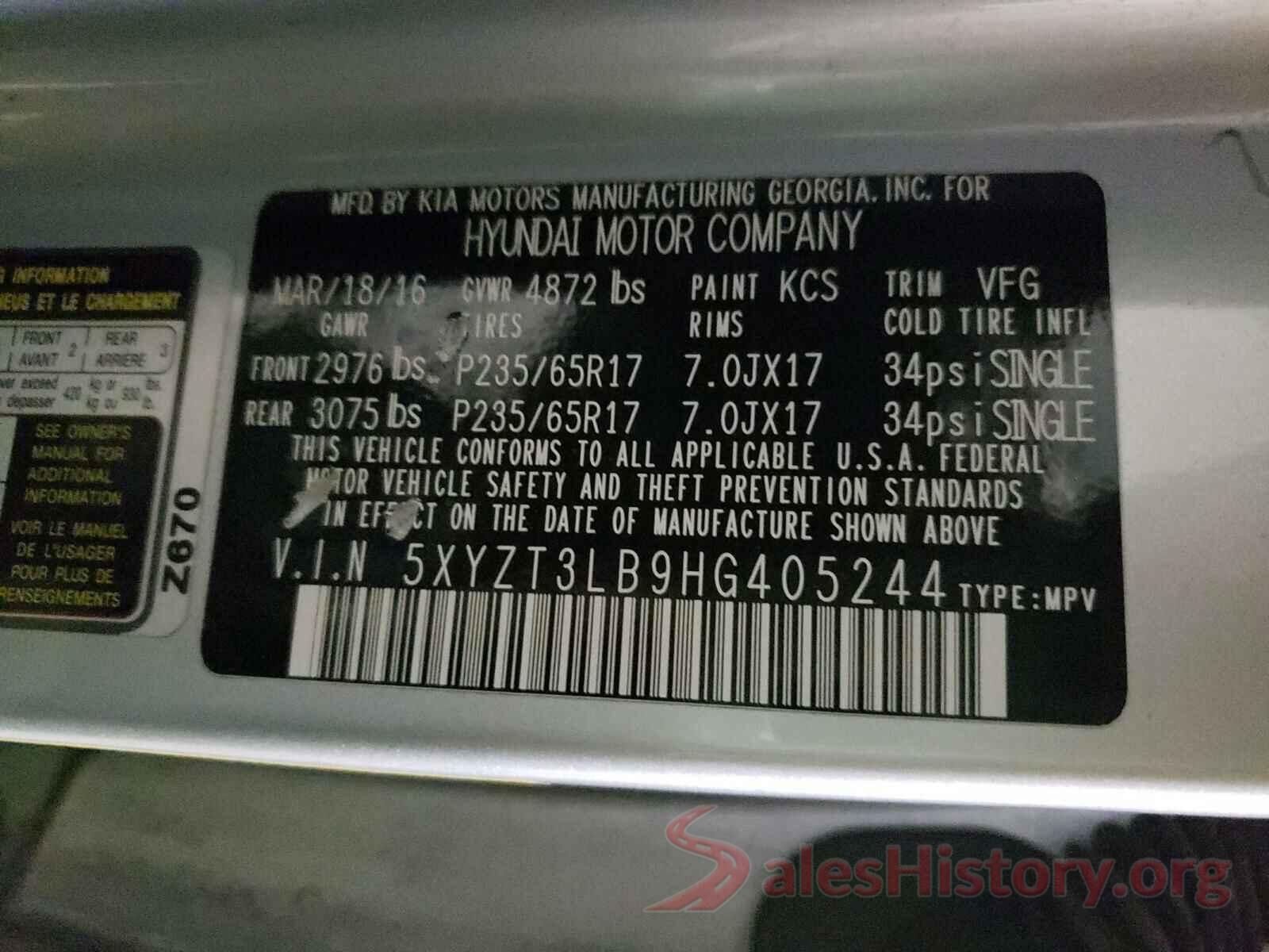 5XYZT3LB9HG405244 2017 HYUNDAI SANTA FE