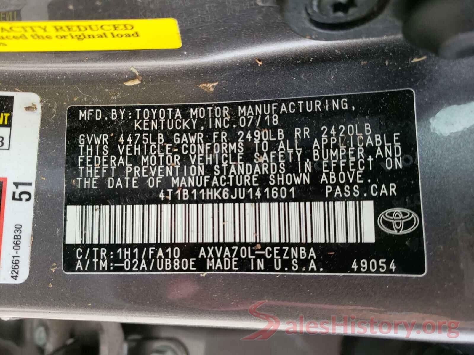 4T1B11HK6JU141601 2018 TOYOTA CAMRY