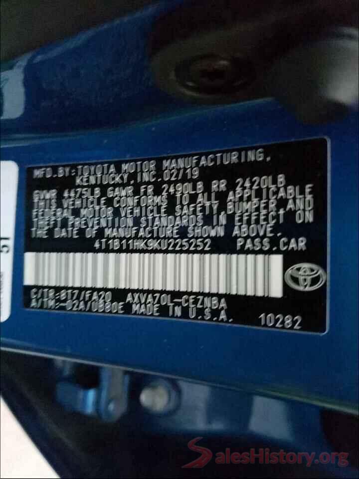 4T1B11HK9KU225252 2019 TOYOTA CAMRY