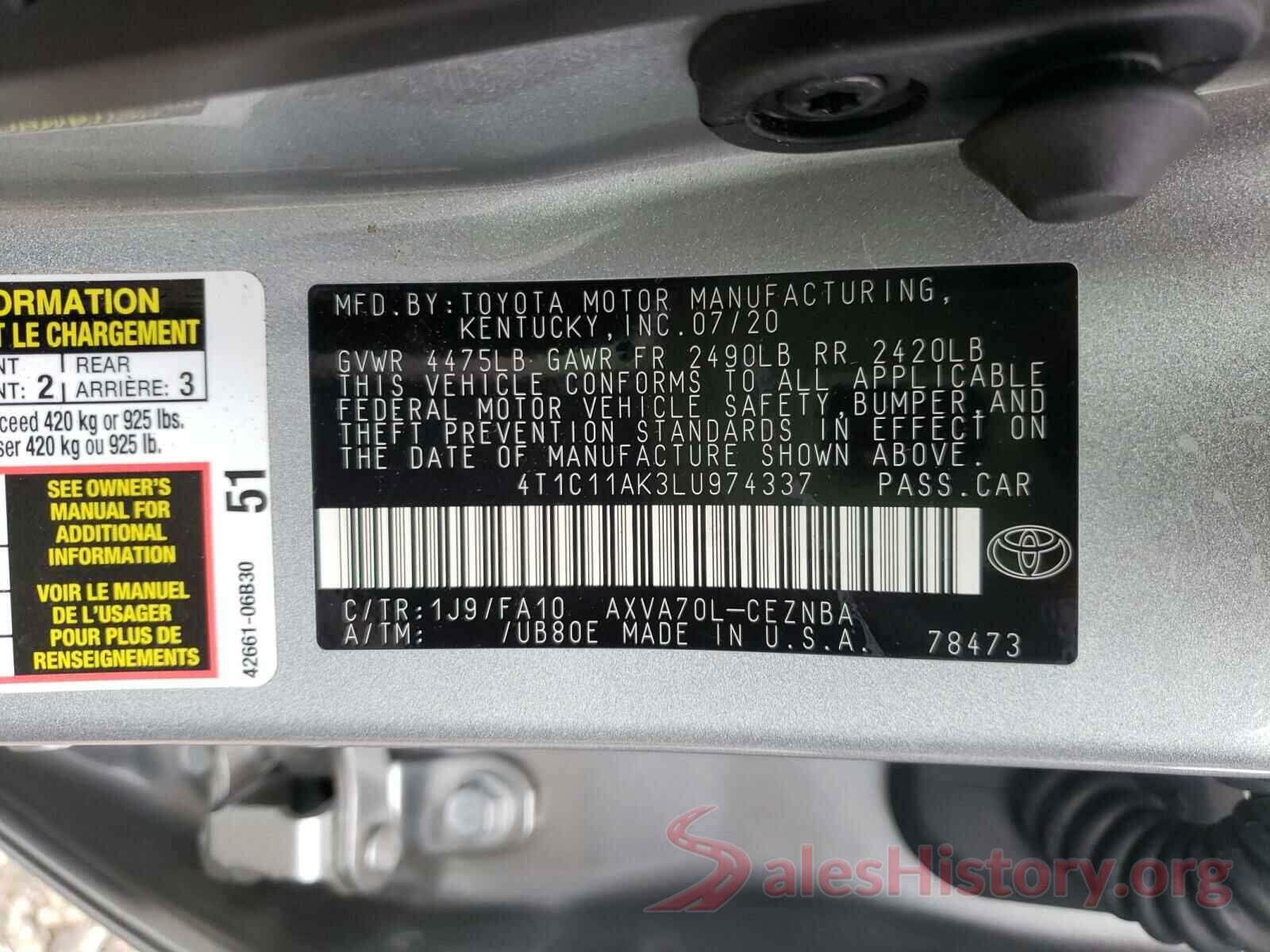 4T1C11AK3LU974337 2020 TOYOTA CAMRY