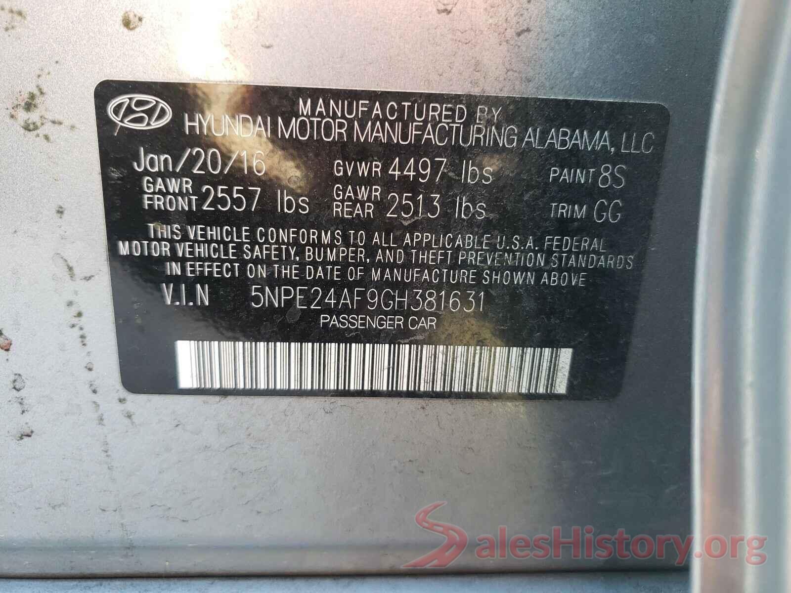 5NPE24AF9GH381631 2016 HYUNDAI SONATA