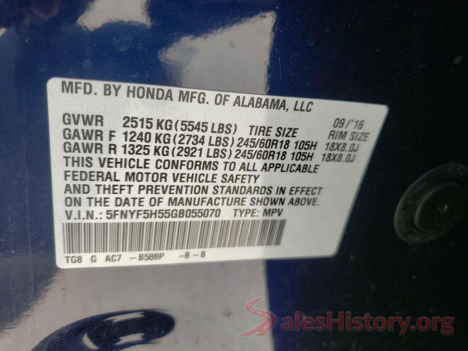 5FNYF5H55GB055070 2016 HONDA PILOT