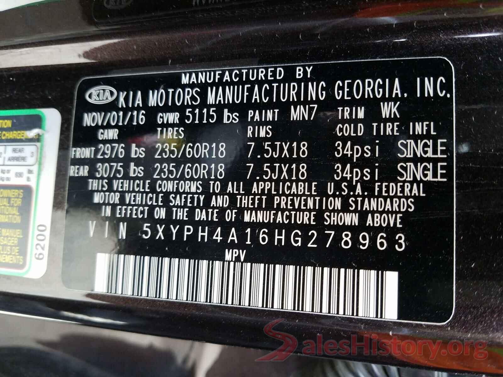 5XYPH4A16HG278963 2017 KIA SORENTO