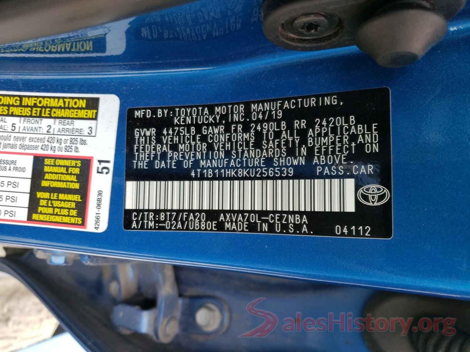 4T1B11HK8KU256539 2019 TOYOTA CAMRY