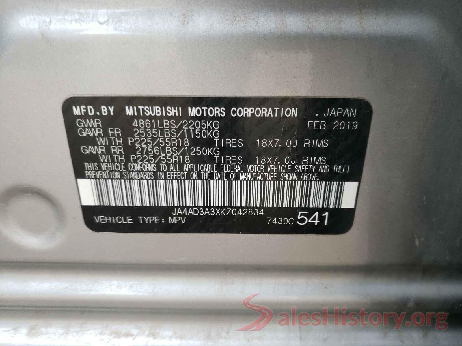 JA4AD3A3XKZ042834 2019 MITSUBISHI OUTLANDER