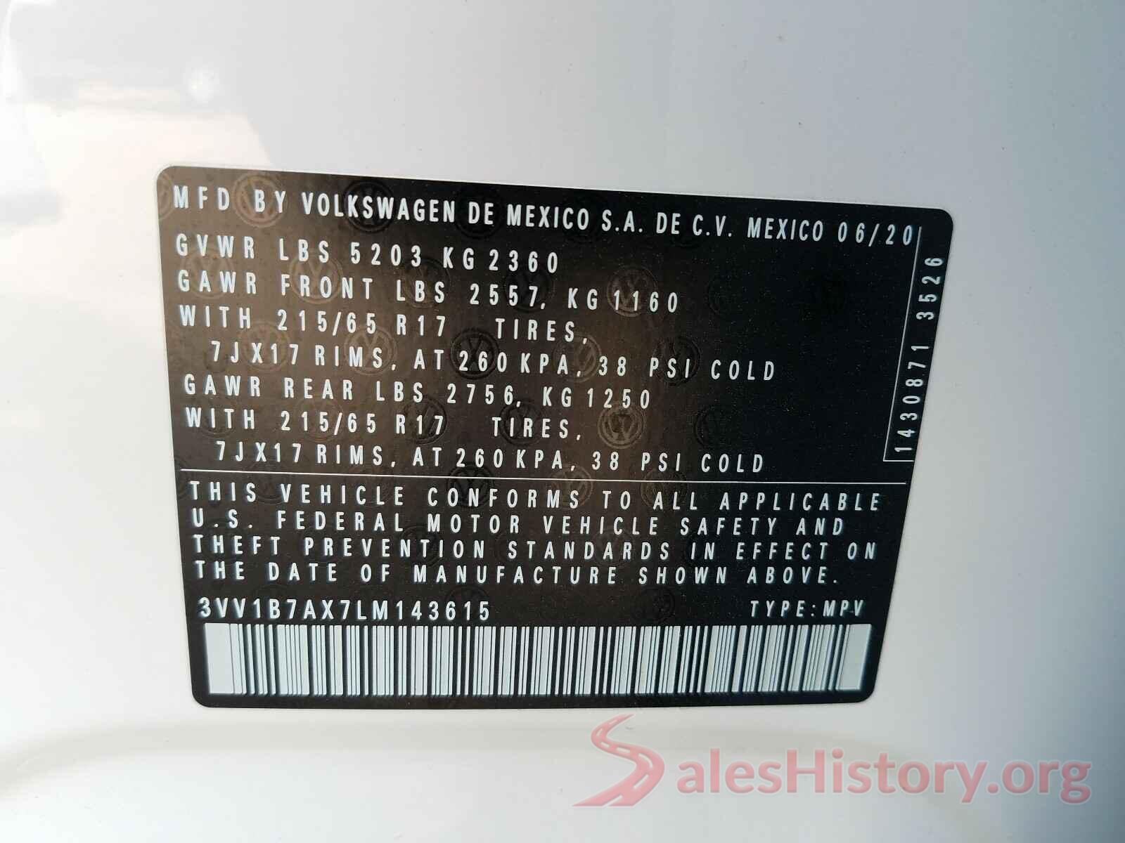 3VV1B7AX7LM143615 2020 VOLKSWAGEN TIGUAN