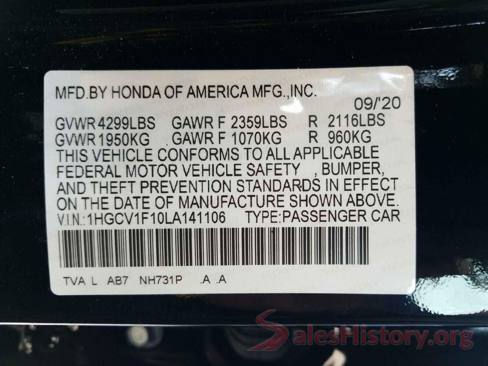 1HGCV1F10LA141106 2020 HONDA ACCORD