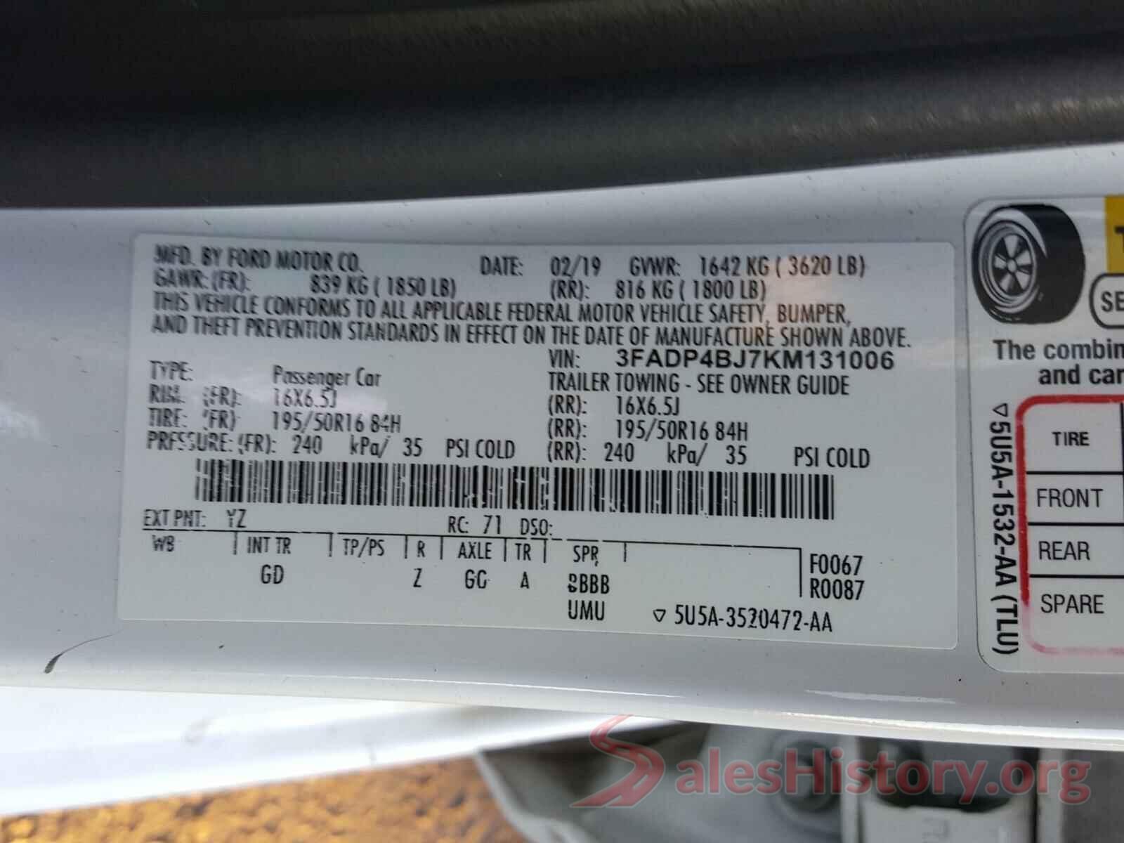 3FADP4BJ7KM131006 2019 FORD FIESTA