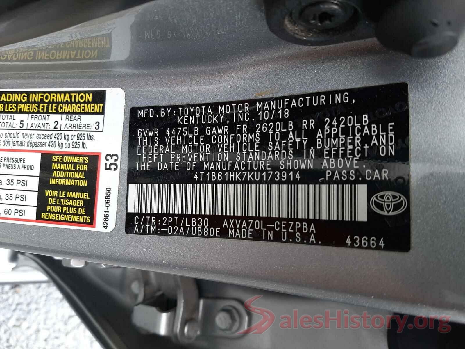 4T1B61HK7KU173914 2019 TOYOTA CAMRY