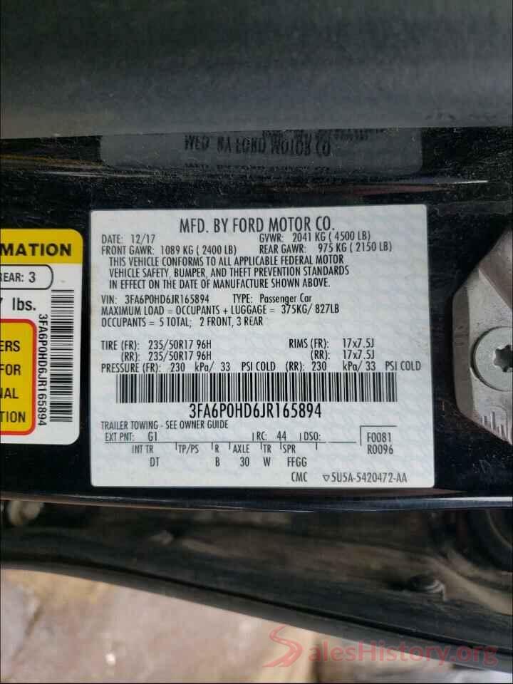 3FA6P0HD6JR165894 2018 FORD FUSION