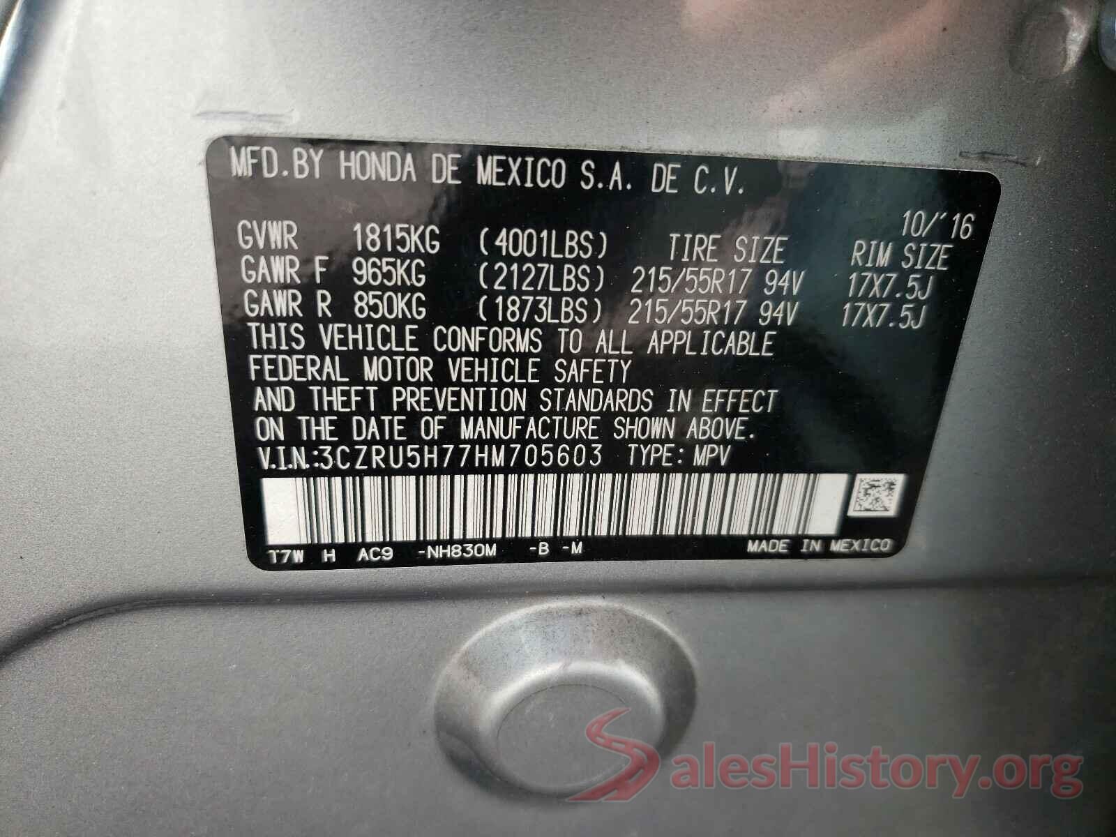 3CZRU5H77HM705603 2017 HONDA HR-V