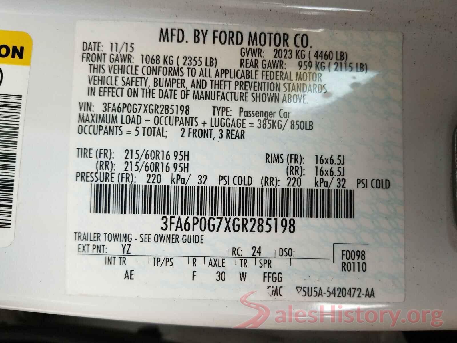 3FA6P0G7XGR285198 2016 FORD FUSION