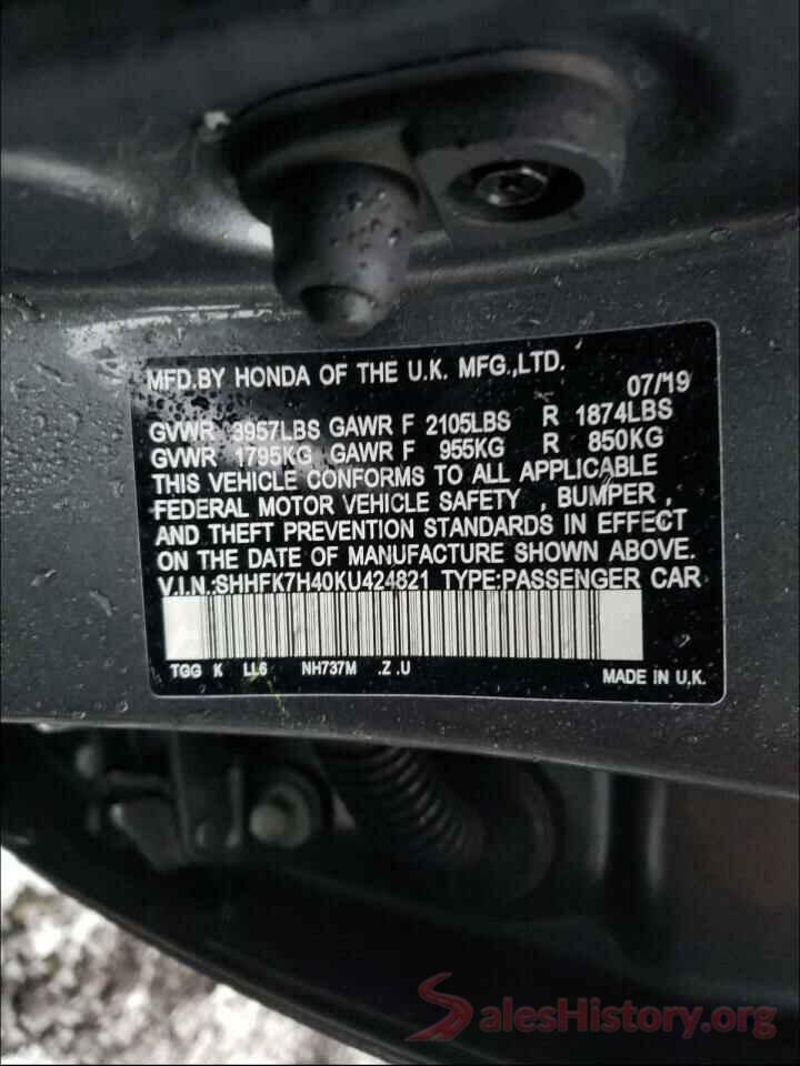 SHHFK7H40KU424821 2019 HONDA CIVIC